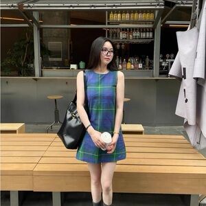 Plaid Blue and Green Sleeveless Dress